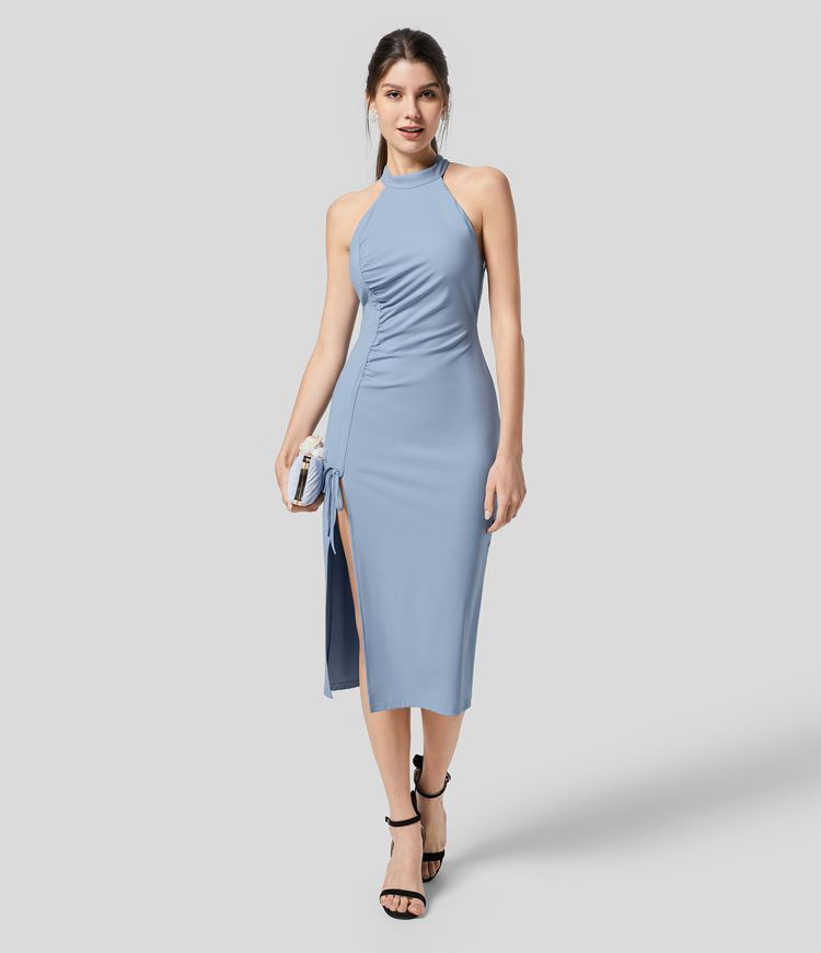 Women’s Mock Neck G-Hook Backless Ruched Knot Split Midi Bridesmaid And Wedding Guest Dress - H... | HALARA