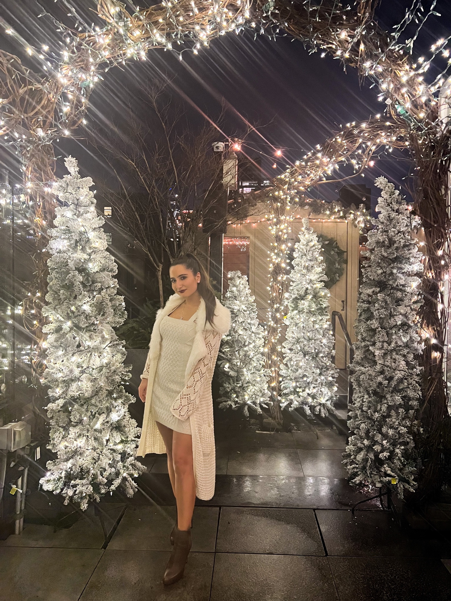 All winter white outfit for a night iut. Cute cable knit dress with a duster cardigan is effortless and chic. Add a bold lip and change this look into something a little more edgy. I love how it ties in with the brown boots.

#LTKbeauty #LTKstyletip #LTKSeasonal