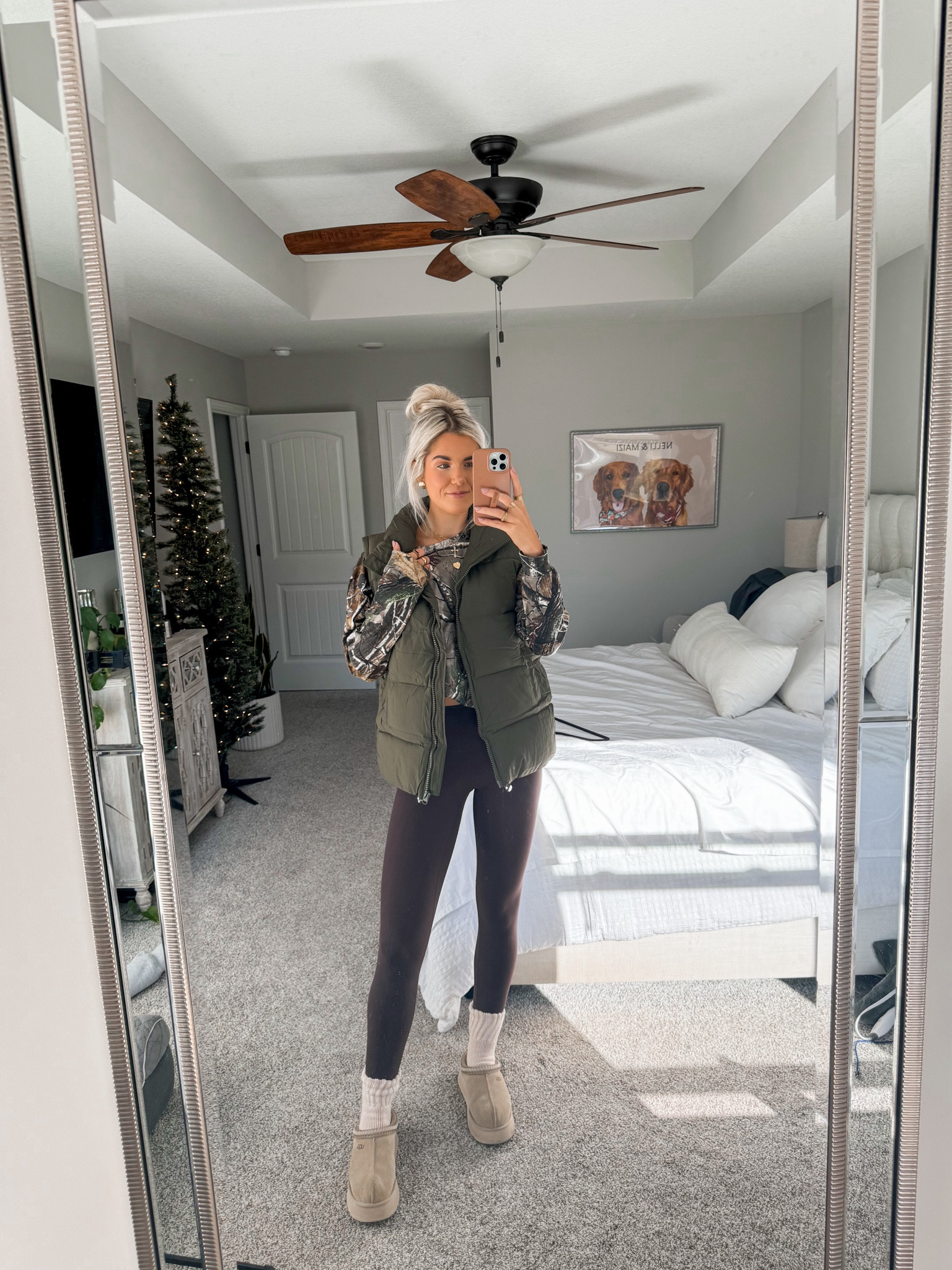 comfy cozy outfit! size small in olive offer vest(super oversized) size XS in chocolate brown leggings. size Large in long sleeve camo shirt. size up in uggs #LTKHoliday #LTKCyberWeek

#LTKSeasonal