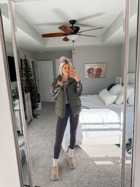 comfy cozy outfit! size small in olive offer vest(super oversized) size XS in chocolate brown leggings. size Large in long sleeve camo shirt. size up in uggs 

#LTKSeasonal #LTKHoliday #LTKCyberWeek