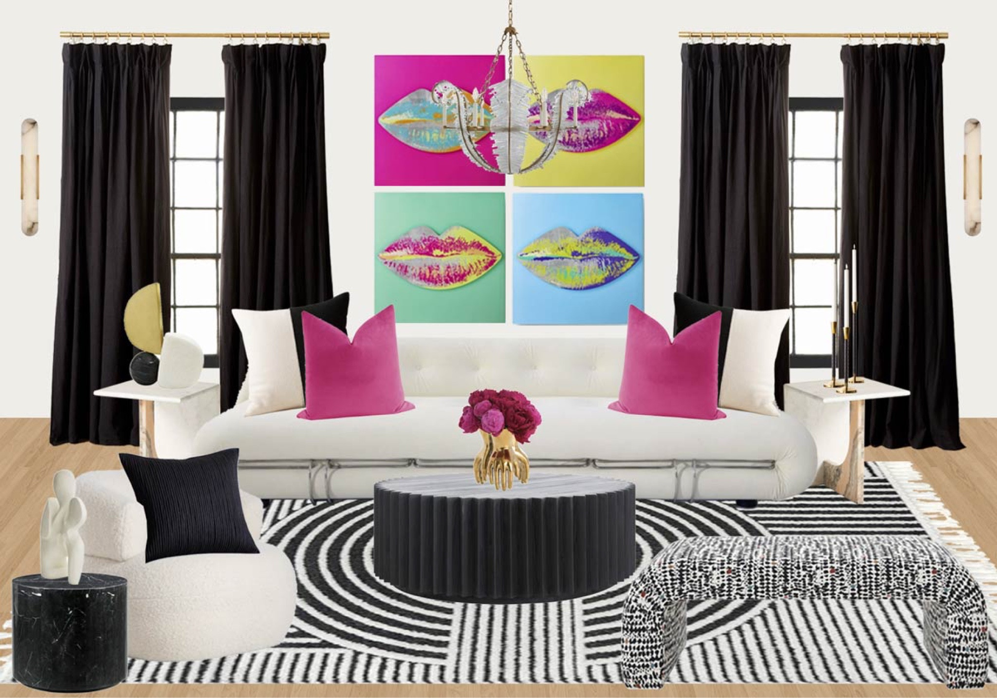 Retro style living room ideas // 1. Ivory Scarpa Sofa // 2. Round Coffee Table // 3. Striped Retro Area Rug // 4. Marble Side Table // 5. Boucle Accent Chair // 6. Black Marble Side Table // 7. Fluted Bar Cabinet // 8. Upholstered Bench // 9. Gilded Iron Chandelier // 10. Melange Elongated Sconce // 11. Muah! Artwork // 12. Colorblock Modern Pillow // 13. Pink Velvet Pillow // 14. Black Modern Throw Pillow // 15. Sheepskin Modern Throw Pillow // 16. Faux Marble Sculpture // 17. Hand Gold Vase 

#LTKover40 #LTKstyletip #LTKhome