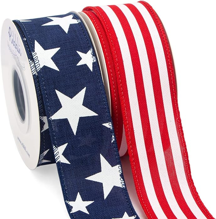 Ribbli Patriotic Wired Ribbon, 2 Rolls Navy Star and Red Stripe Burlap Polyester Ribbon, 1-1/2 In... | Amazon (US)