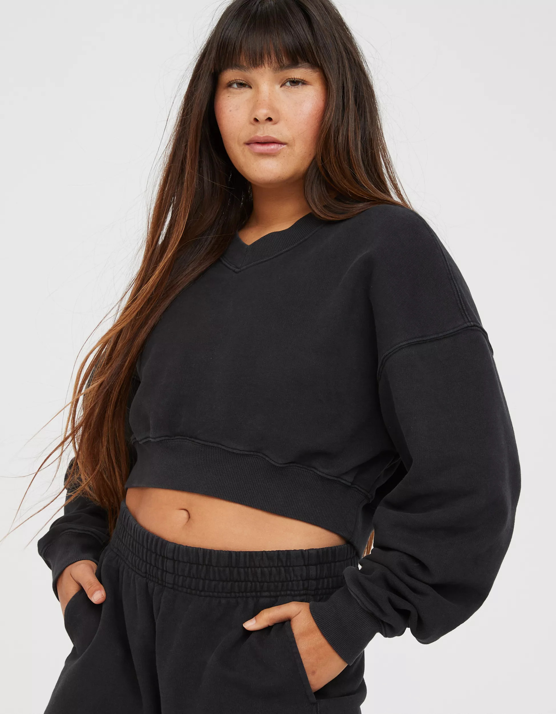 OFFLINE By Aerie Throw-Back Cropped V Neck Sweatshirt | Aerie