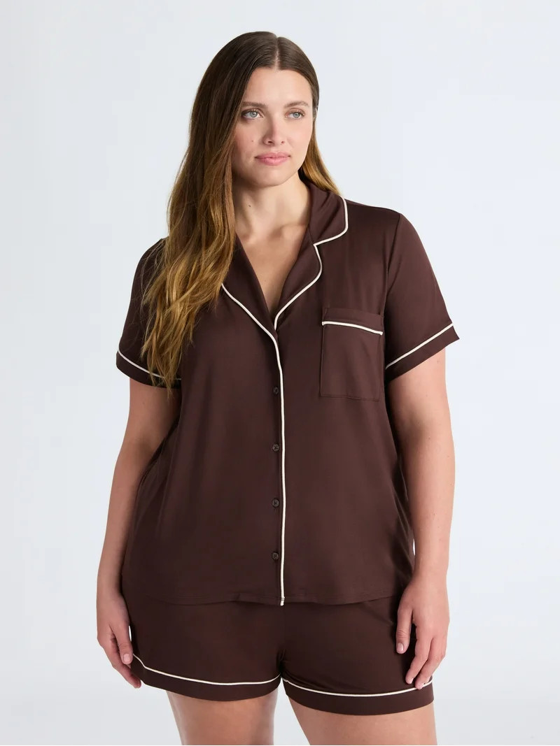 Joyspun Women’s Dreamy Soft Collection Notch Collar Knit Top and Boxer Shorts Pajama Set, Sizes... | Walmart (US)