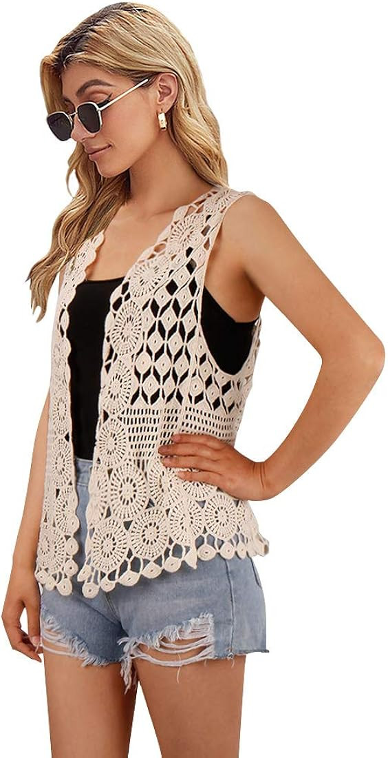 Womens Floral Crochet Lace Boho Trim Sleeveless Open Front Vest Cardigan | Amazon (US)