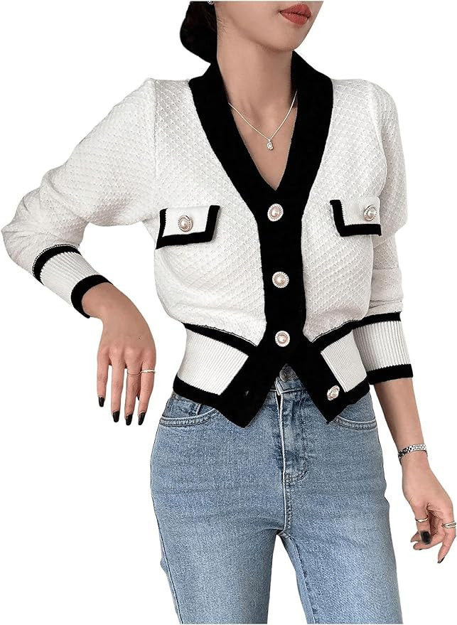 Floerns Women's Contrast Trim Long Sleeve Button Front V Neck Cardigan | Amazon (US)