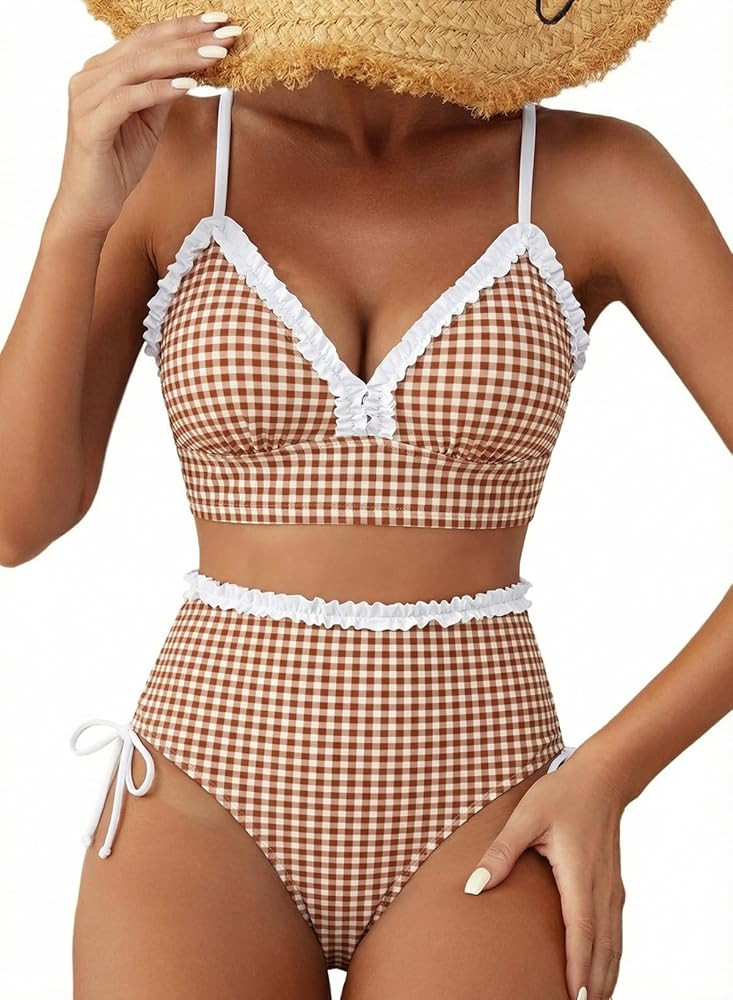 Herseas Women's Splice Ruffle Trim Bikini Sets Tie Side Swimsuits High Waisted Bathing Suits | Amazon (US)
