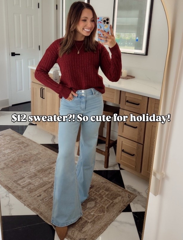 #WalmartPartner $12 sweater?! Wearing a size small! $25 flare jeans — size 0 @walmartstyle #walmartstyle 

#LTKootd #LTKmomlife #LTKHoliday