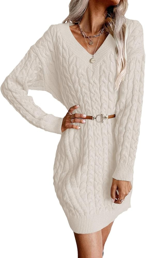 Dyexces Womens Sweater Dress Long Sleeve V Neck Cable Knit Sweater Dresses Casual Loose Pullover ... | Amazon (US)