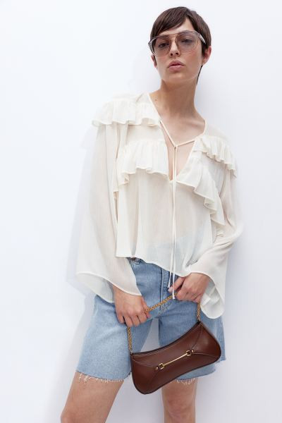 Crinkled Ruffle-trimmed Blouse - V-neck - Long sleeve - Cream - Ladies | H&M US | H&M (US + CA)