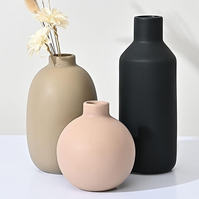 Ceramic Vase Set of 3, Modern Farmhouse Vase, Neutral Small Flower Vase for Table, Living Room, S... | Amazon (US)