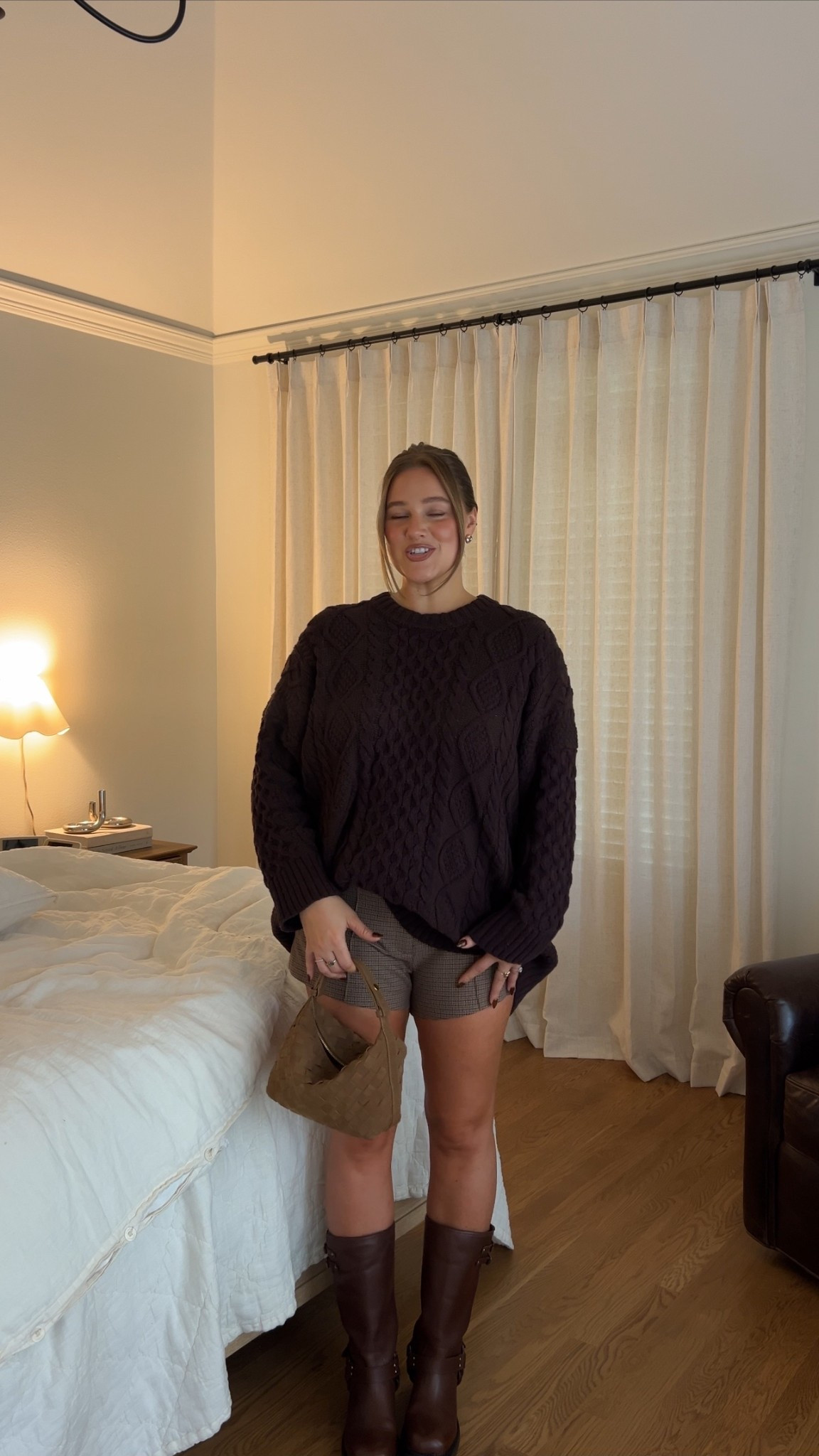 Sweater Large but it runs oversized - perfect to even wear as a mini dress. Size 30 shorts true to size love the micro short! Boots size 8. Amazon bag 
Abercrombie code AFKATHLEEN

