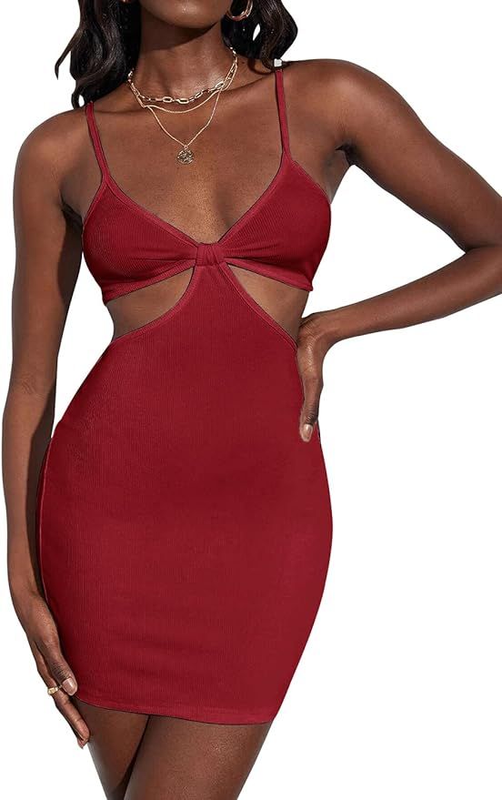 VNVNE Sexy Cut Out Mini Dress for Women, Backless Spaghetti Strap Bowknot Club Bodycon Dress | Amazon (US)