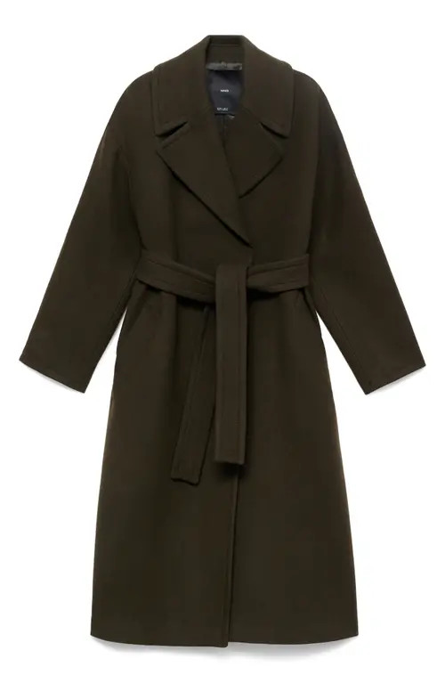 MANGO Belted Wool Blend Coat in Khaki Green at Nordstrom, Size Large | Nordstrom