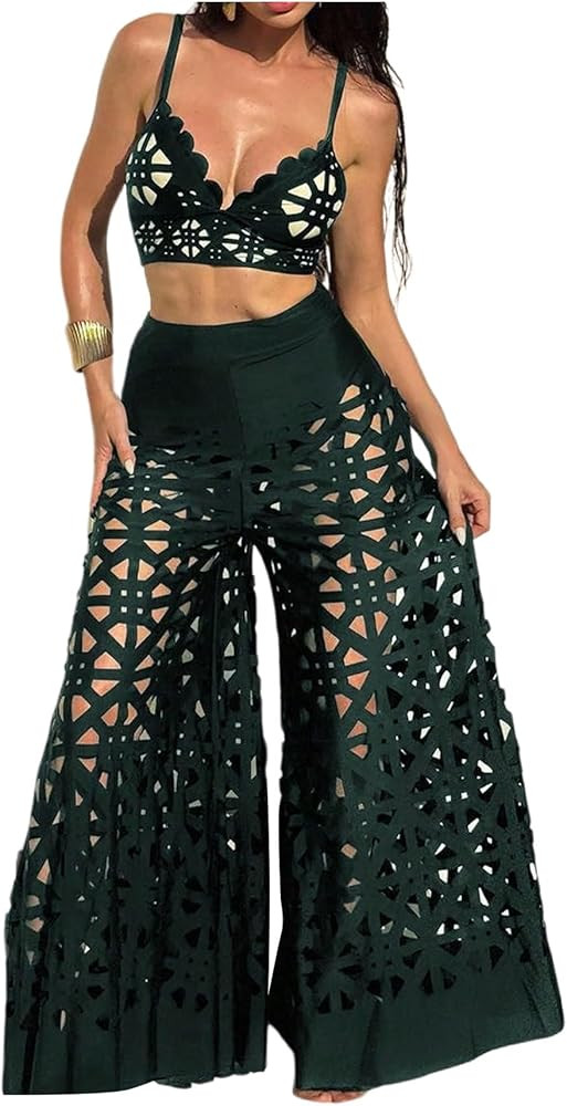 WDIRARA Women's 3 Piece Swimsuit Hollow Out Bikini Set with Cover Up Pants | Amazon (US)