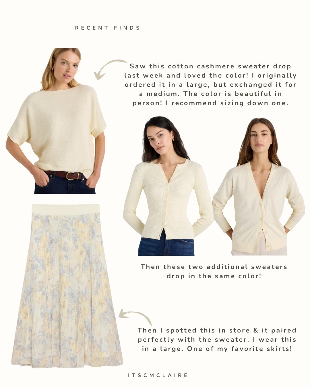 I purchased the @Quince cotton & cashmere dolman sleeve sweater in a size medium. After sizing down, it still has plenty of room and fits slightly oversized. 

The other two sweaters are also a cotton/cashmere blend. 

One of my favorite @Aritzia twirl skirts. Such a beautiful skirt and is incredibly flattering especially if you’re looking to minimize any tummy lines. I’m wear this skirt in a large. Super easy on/off with the elastic waistband. Also the skirt is lined so there is no issues with being able to see undergarments with lighter shades like this  

#LTKOver40 #LTKMidsize #LTKootd