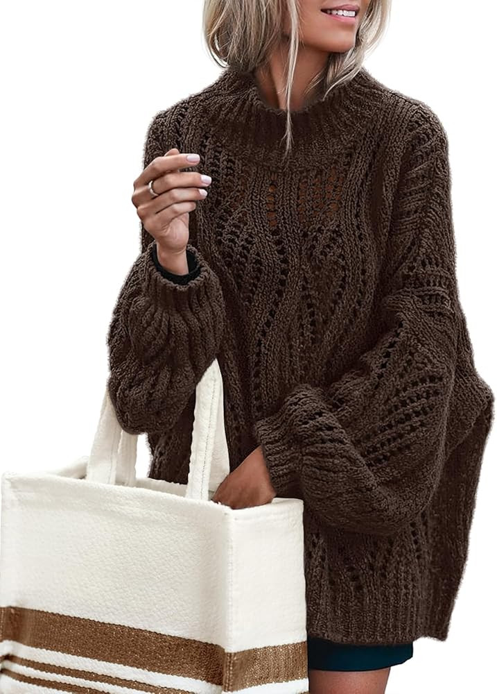 MEROKEETY Fall Sweaters for Women 2025 Oversized Pullover Crochet Lantern Long Sleeve Mock Neck C... | Amazon (US)
