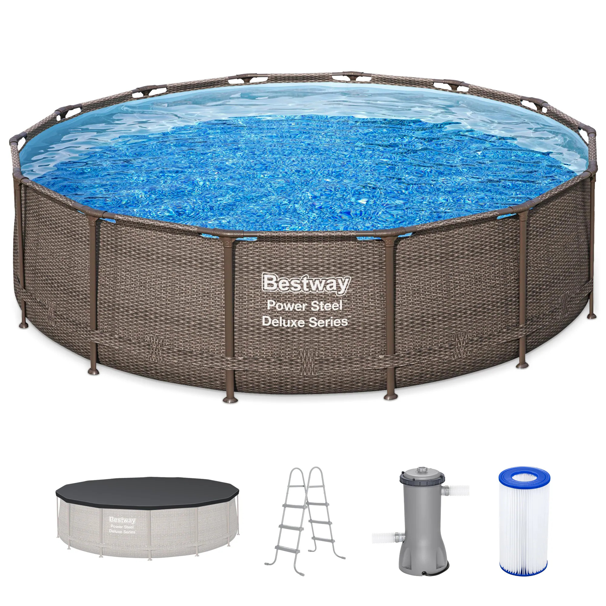 Bestway 14-ft x 14-ft x 42-in Metal frame Round Above-Ground Pool with Filter Pump with Ground Cloth with Pool Cover with Ladder | 138506 | Lowe's