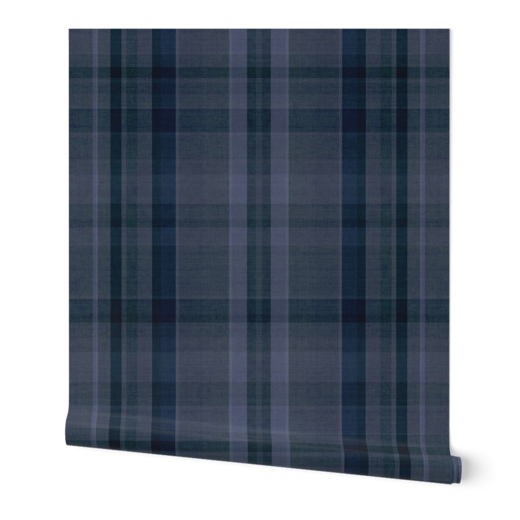 Wallpaper in L Cabincore Cozy Plaid - Winter Hygge Grasscloth Textured Coastal Navy Blue | Spoonflower