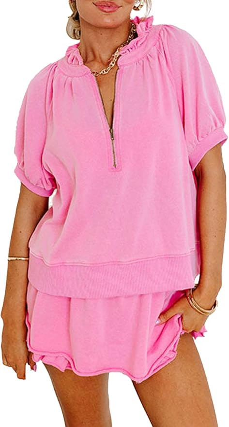 KevaMolly Women's 2 Piece Lounge Sets Casual Short Sleeve Outfits Half Zip Puff Sleeve Top and Ru... | Amazon (US)