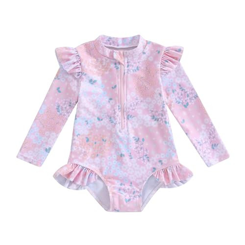 Infant Toddler Baby Girl One-Piece Swimsuit Floral/Flamingo Print Zipper Long Sleeve Ruffled Swimwear Bathing Suit (Fly Sleeve-Pink, 18-24 Months) | Amazon (US)