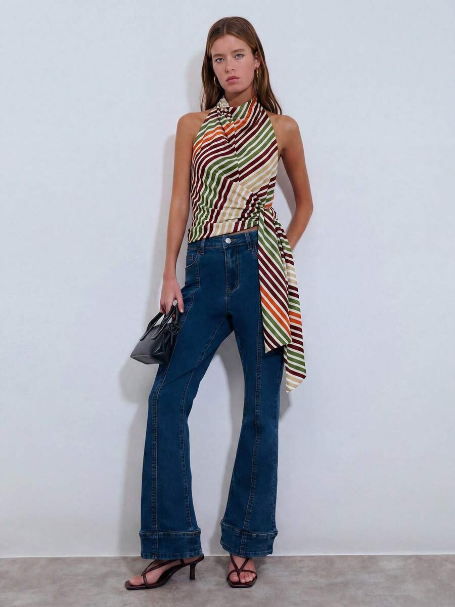 Nöista Halter Cowl Neck Top Features Bold Diagonal Stripes In Red, Navy, And White With A Draped... | SHEIN