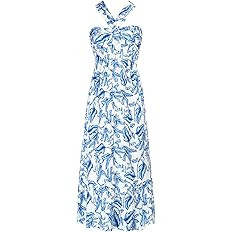 GRACE KARIN 2024 Women's Floral Print Halterneck Sleeveless Flowy A Line Midi Dress White Blue L ... | Amazon (US)