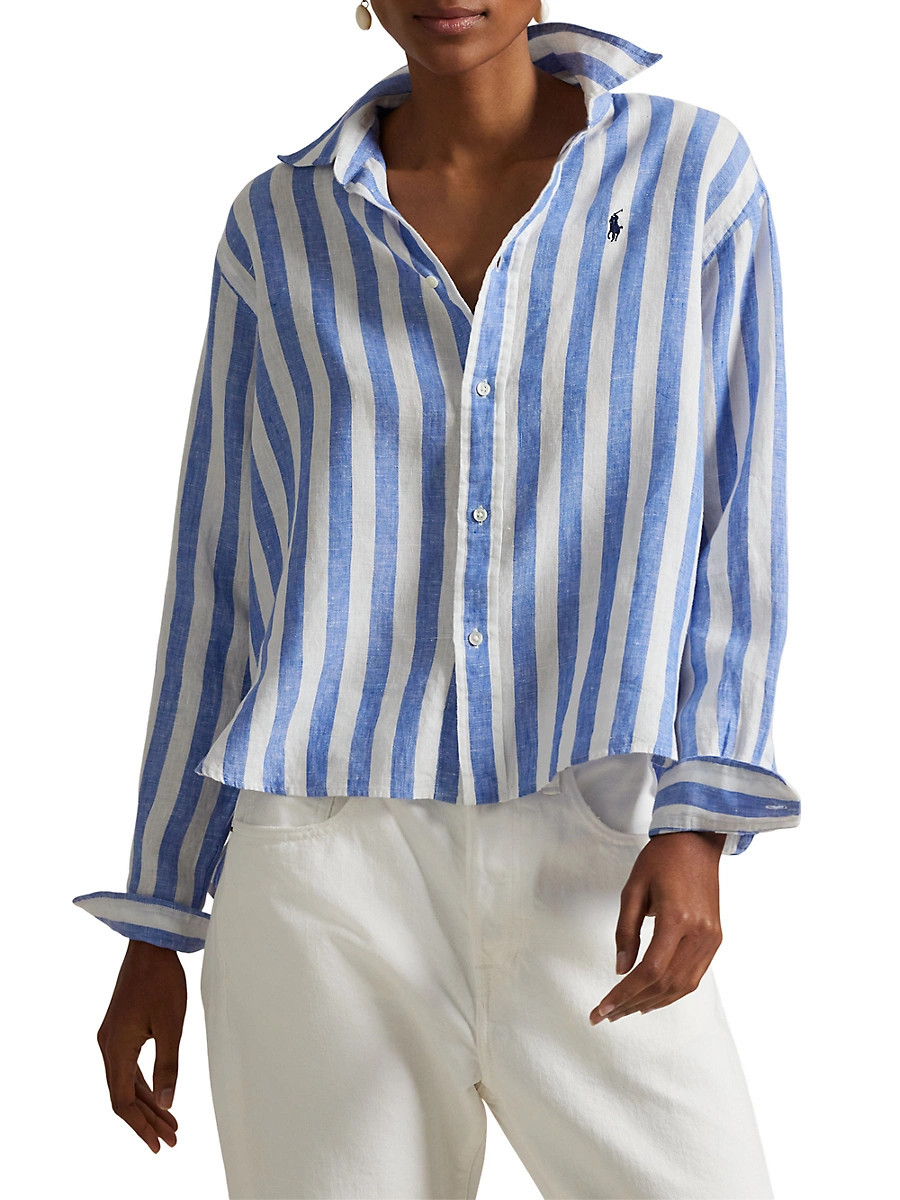 Women's Wide Crop Striped Linen Shirt - Blue White - Size Small | Saks Fifth Avenue