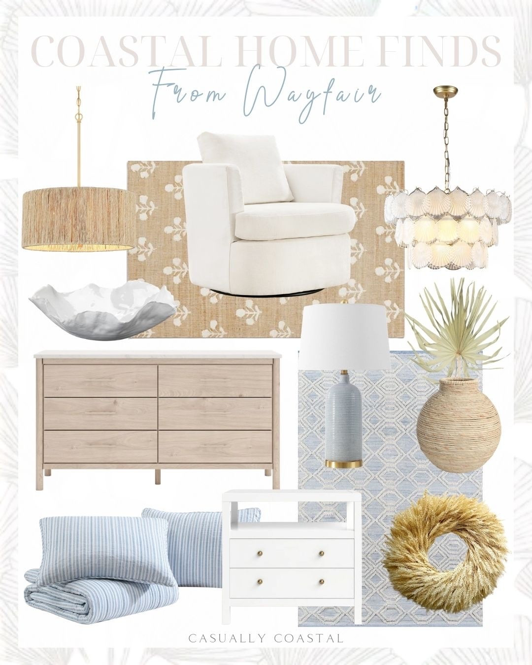 (#ad) Sharing some coastal home pieces that are currently inspiring me, many of which are on sale @Wayfair right now! #Wayfair #WayfairPartner
------
coastal home decor, coastal decor, coastal style, coastal rugs, wayfair rugs, bedroom rugs, living room rugs, dining room rugs, entryway rugs, affordable rugs, rugs on sale, neutral rugs, blue & white rugs, 9x12 rugs, 10x13 rugs, 8x10 rugs, 5x7 rugs, 3x5 rugs, 6x9 rugs, textured rugs, oversized rug, beach house rugs, lake house rugs, white accent chair, swivel chairs, woven pendant lights, chandeliers, decorative bowls, 6-drawer dressers, natural wood dressers, affordable dressers, white nightstands, bedroom furniture, coastal nightstands, quilt sets, blue bedding, fall wreaths, fall decor, woven vases, fall stems, palm stems, blue lamps, coastal lighting

#LTKHome #LTKSaleAlert
