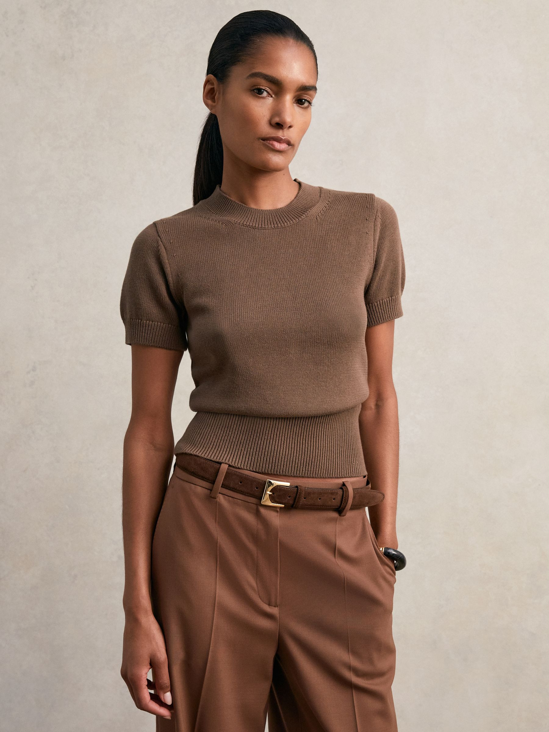 Cotton And Wool Crew-Neck Top in Brown | Reiss US