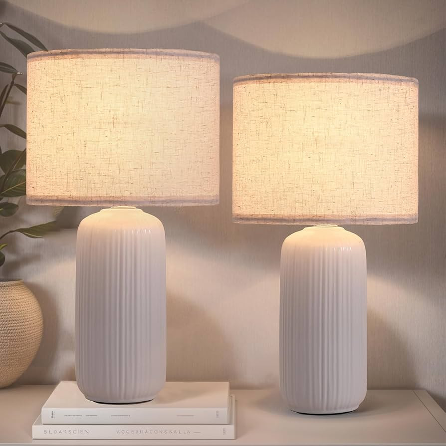 16" Modern Ceramic Table Lamp Set of 2,Small Desk Lamp with White Ceramic Base for Living Room,Fa... | Amazon (US)
