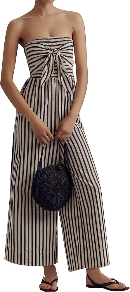Strapless Tie Front Striped Jumpsuit Long Rompers for Women 2025 Summer One Piece Jumpsuits with ... | Amazon (US)