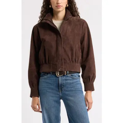 Nordstrom Funnel Neck Suede Bomber Jacket in Brown Coffee at Nordstrom, Size Medium | Nordstrom