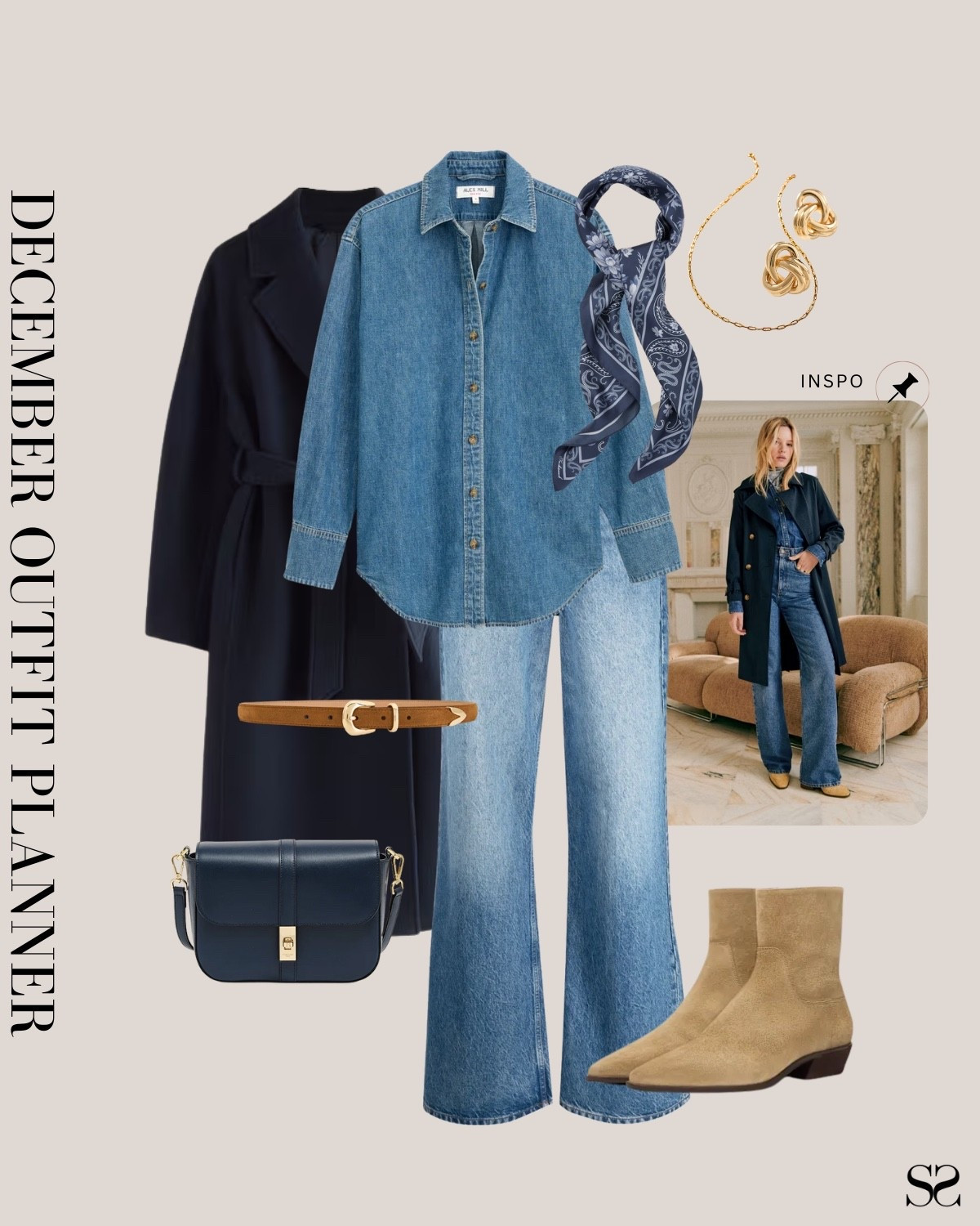 Monthly outfit planner DECEMBER: Winter outfits | double denim, chambray shirt, wide leg jean, navy long coat

#classicstyle #casualstyle #LTKstyletip #winteroutfit

Image inspo credit: Sézane 

#LTKSeasonal #LTKgrwm #LTKootd