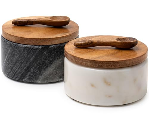 Cork & Mill Marble Salt and Pepper Bowls - Set of 2 Handcrafted White/Grey Solid Marble Salt and Pepper Cellars with Lids and Spoons - Elegant Salt and Pepper Containers for Countertop or Table | Amazon (US)