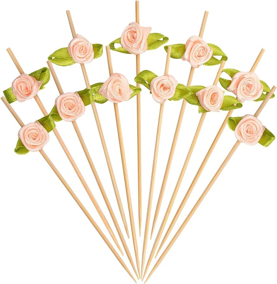 Pink Rose Flower Fancy Toothpicks for Appetizers 4.7 Inch Long Bamboo Cocktail Picks Bridal Showe... | Amazon (US)