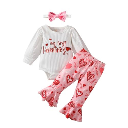 Noubeau My First Valentines Newborn Baby Girl Outfits Letter Romper Love Heart Print Bell-Bottom Flare Pants Headband (White, 9-12 Months) | Amazon (US)