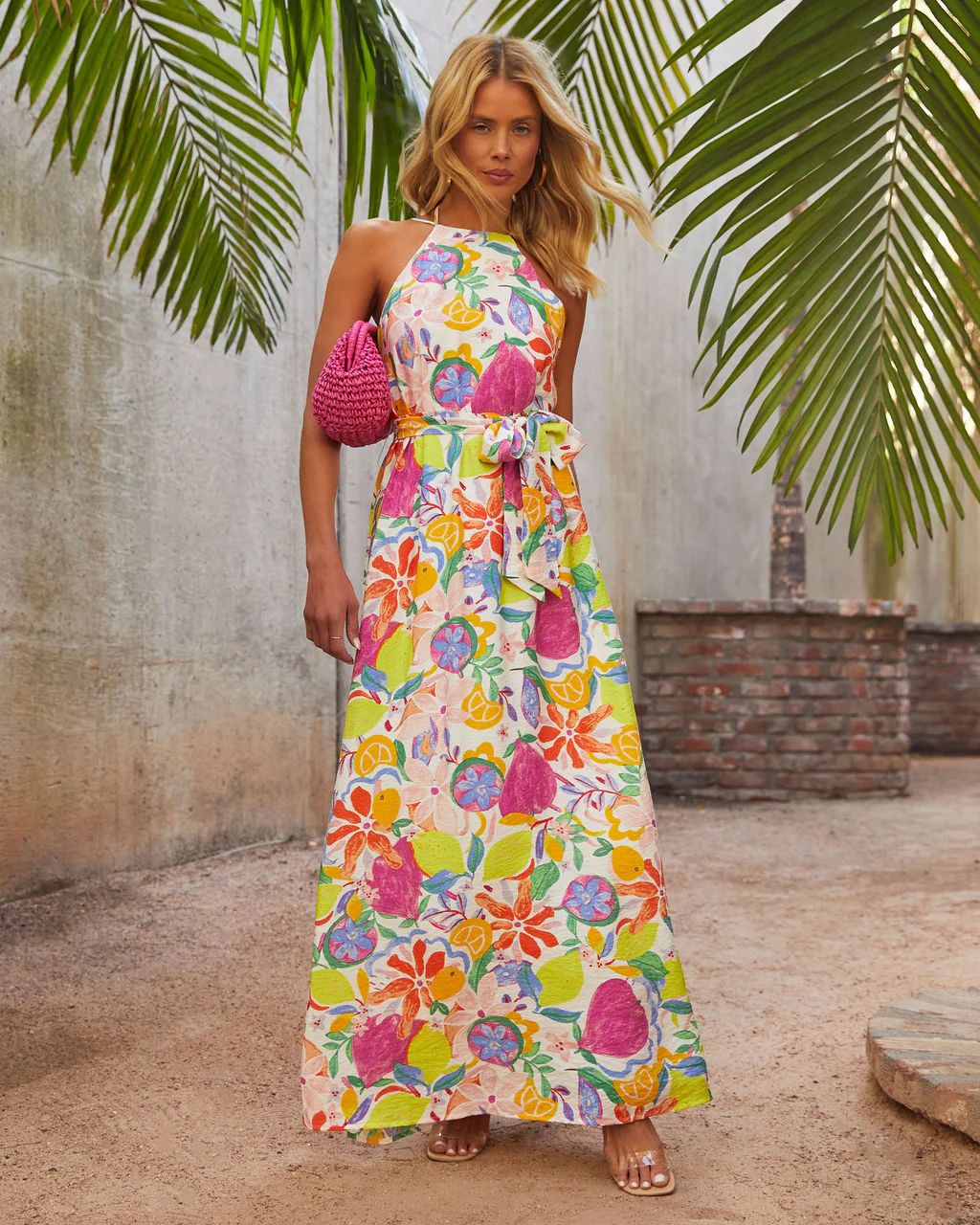 Belize Printed Satin Low Back Tie Waist Maxi Dress | VICI Collection
