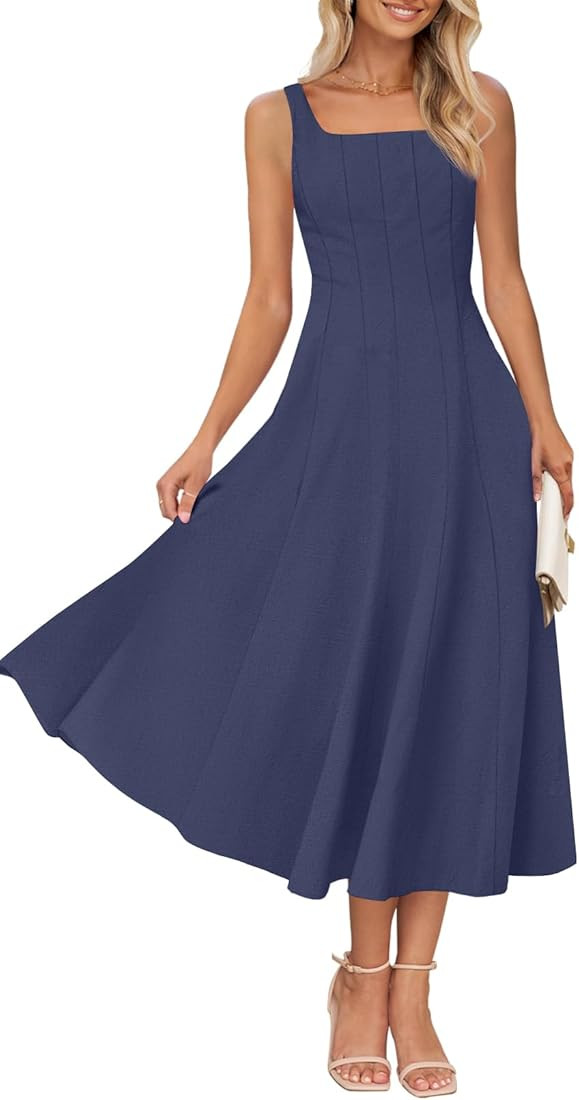 MEROKEETY Women's 2025 Summer Sleeveless Midi Dress Square Neck Smocked Flowy A Line Beach Dresse... | Amazon (US)