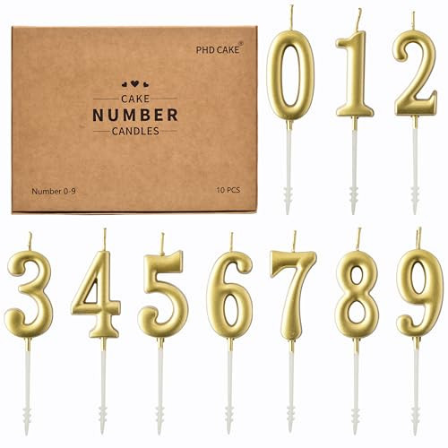 PHD CAKE 10-Pieces Gold Numeral Birthday Candles, Cake Numeral Candles Number 0-9 Glitter Cake Topper Decoration for Birthday,Wedding Anniversary,Party Celebration | Amazon (US)