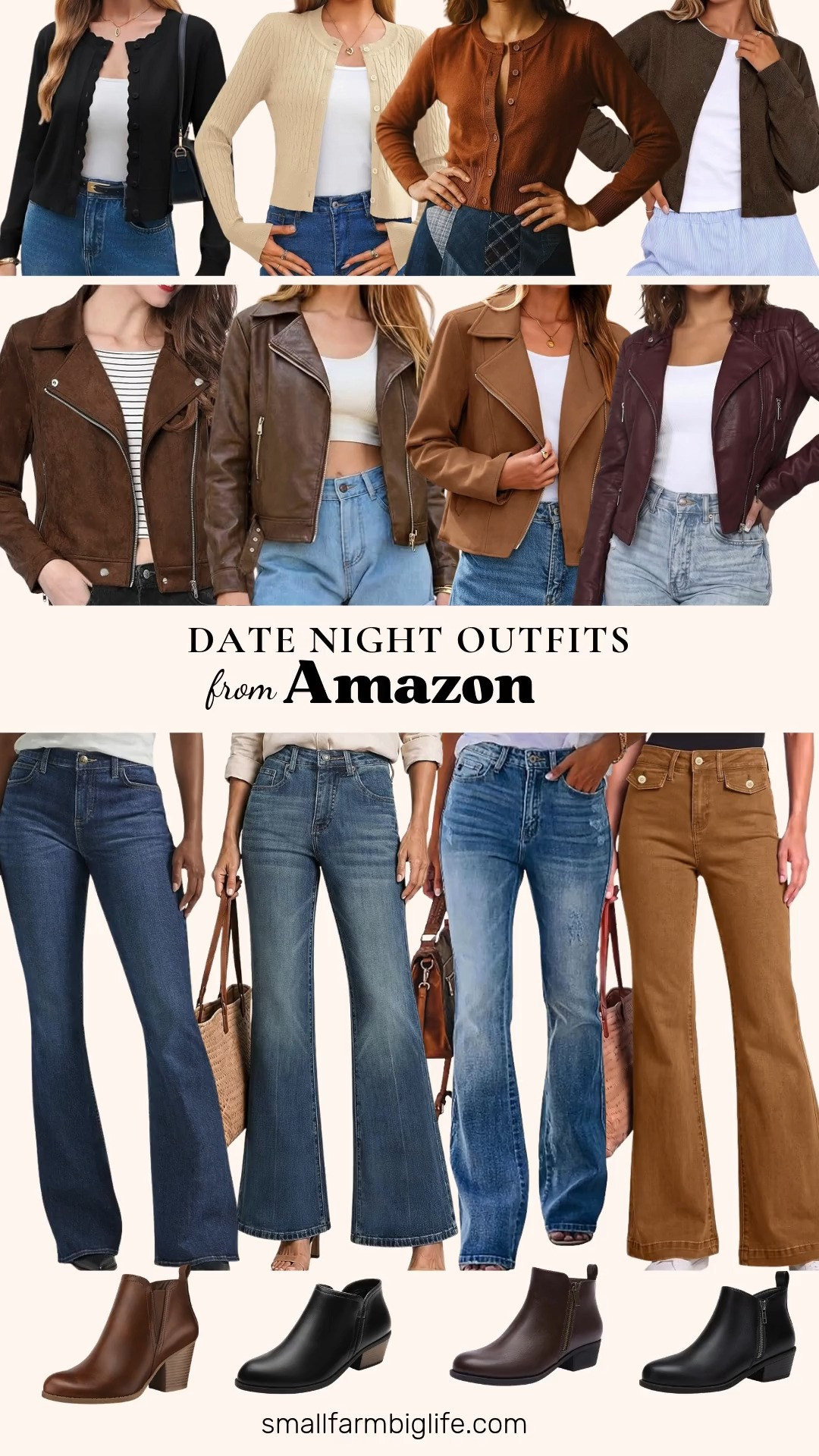 🍂 Date Night Outfits From Amazon

These casual date night outfits start with a pair of flare jeans, a cropped cardigan, and a fall jacket, so you're dressed for dinner out, a movie, or a brewery date. For flare jeans, choose Lee's medium blue mid rise flares, vintage blue high waisted bell bottoms with tummy control, caramel brown high rise flares with flap pockets, or distressed blue bootcut jeans. On top, a cropped button down cardigan pairs perfectly with high waisted jeans, in brown, chocolate brown, beige micro cable knit, or black. For a fall jacket, layer on a coffee brown or burgundy faux leather moto jacket, or a coffee brown or caramel brown faux suede moto jacket. Finish with comfortable fall shoes: dark brown or black ankle booties with a low chunky heel, black almond toe booties with a side zipper, or brown stacked heel ankle boots. These relaxed, flattering pieces make easy date night outfits for women over 50, and they work for weekend plans, concerts, and Friendsgiving too.

#amazonfashion #amazonfinds #datenightoutfit #flarejeans #falloutfits 

 #LTKgrwm #LTKootd #LTKOver40