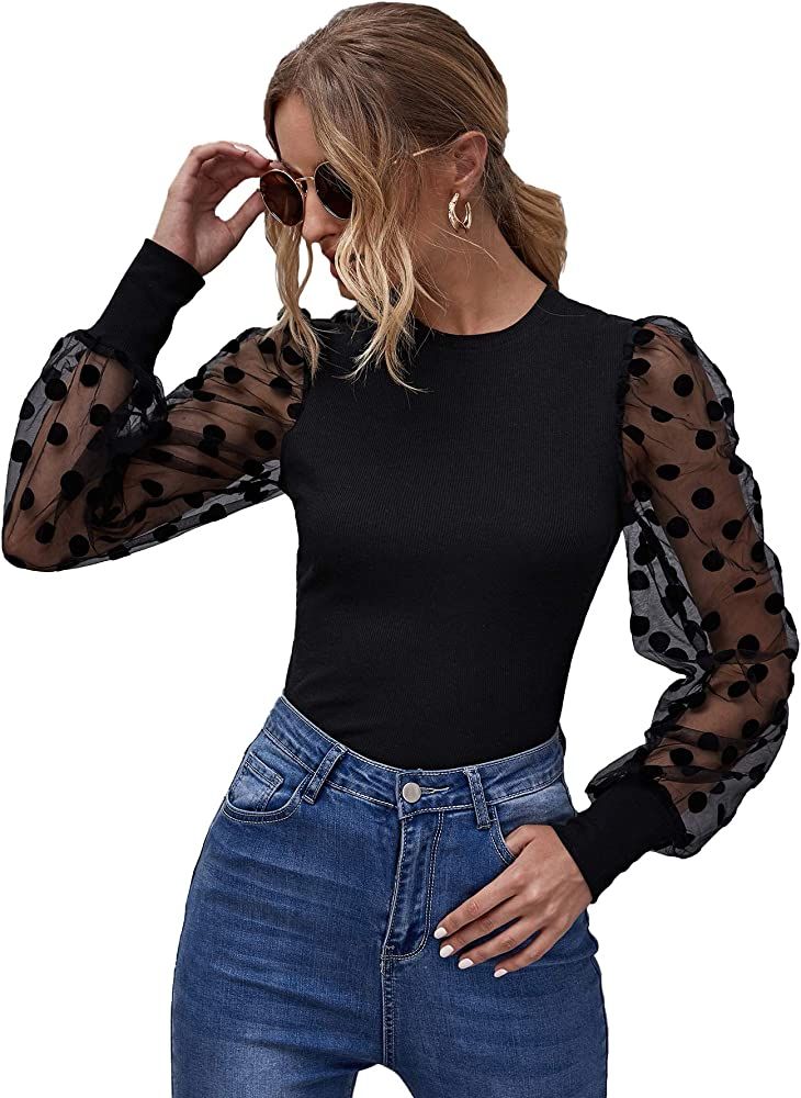 SheIn Women's Round Neck Polka Dots Sheer Mesh Puff Long Sleeve Ribbed Tee Tops | Amazon (US)