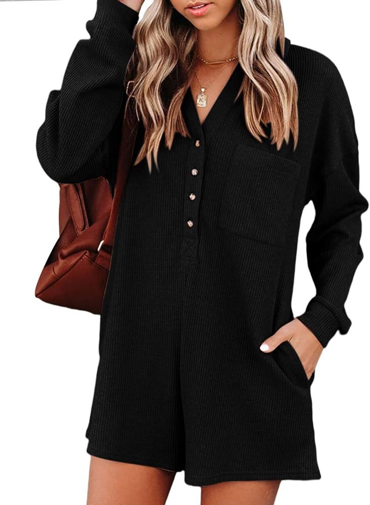 Women's V Neck Button Down Romper Fall Casual Waffle Knit Long Sleeve Playsuit Short One Piece Jumps | Amazon (US)