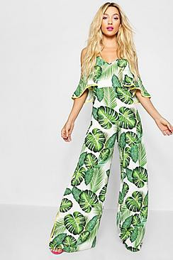Palm Print Ruffle Wide Leg Jumpsuit | Boohoo.com (US & CA)