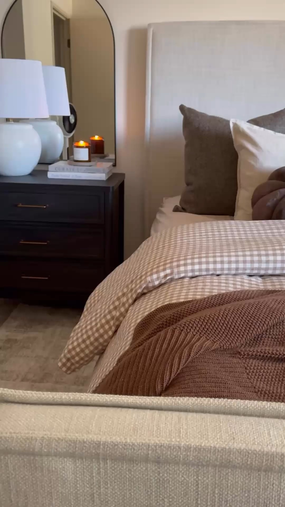 Sawyer bed, upholstered bed, neutral bed, black nightstand, fall bedroom styling, brown knit throw blanket, Walmart, Wayfair finds, plaid bedding, gingham bedding, brown bedding, pumpkin pillow, pottery barn, coffee table books, cream pillow cover, hackner home, almond jumper pillow cover , area rug, Loloi

#LTKFallSale #LTKHome #LTKSeasonal

#LTKHome #LTKSaleAlert #LTKSeasonal