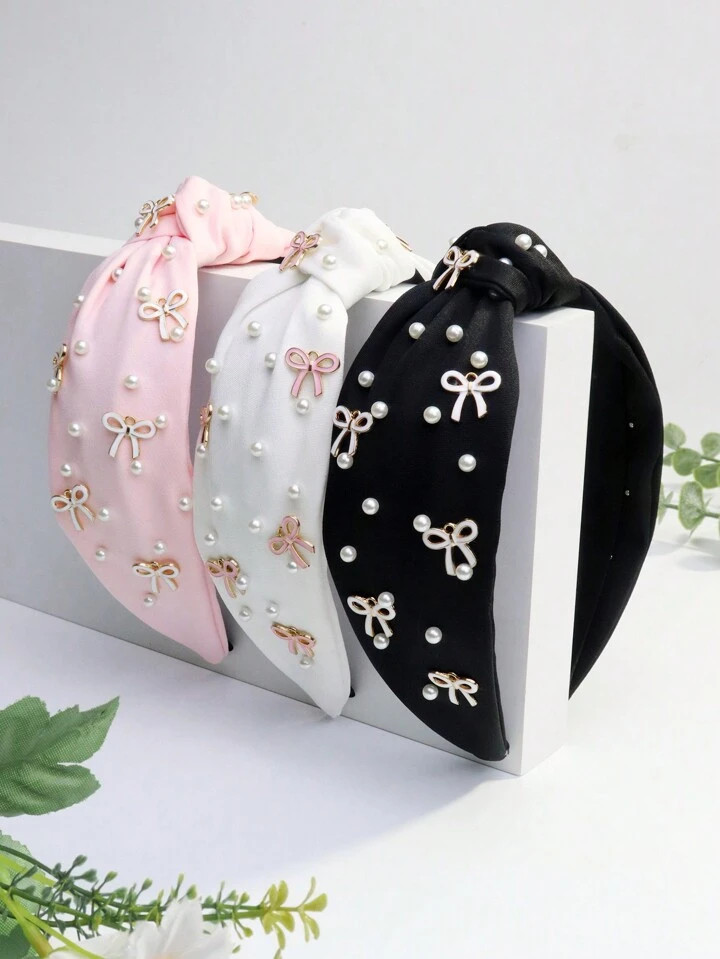 Women's Metal Minimalist Pearl Solid Color Wide-Brimmed Fabric Knot Headband With Bow | SHEIN