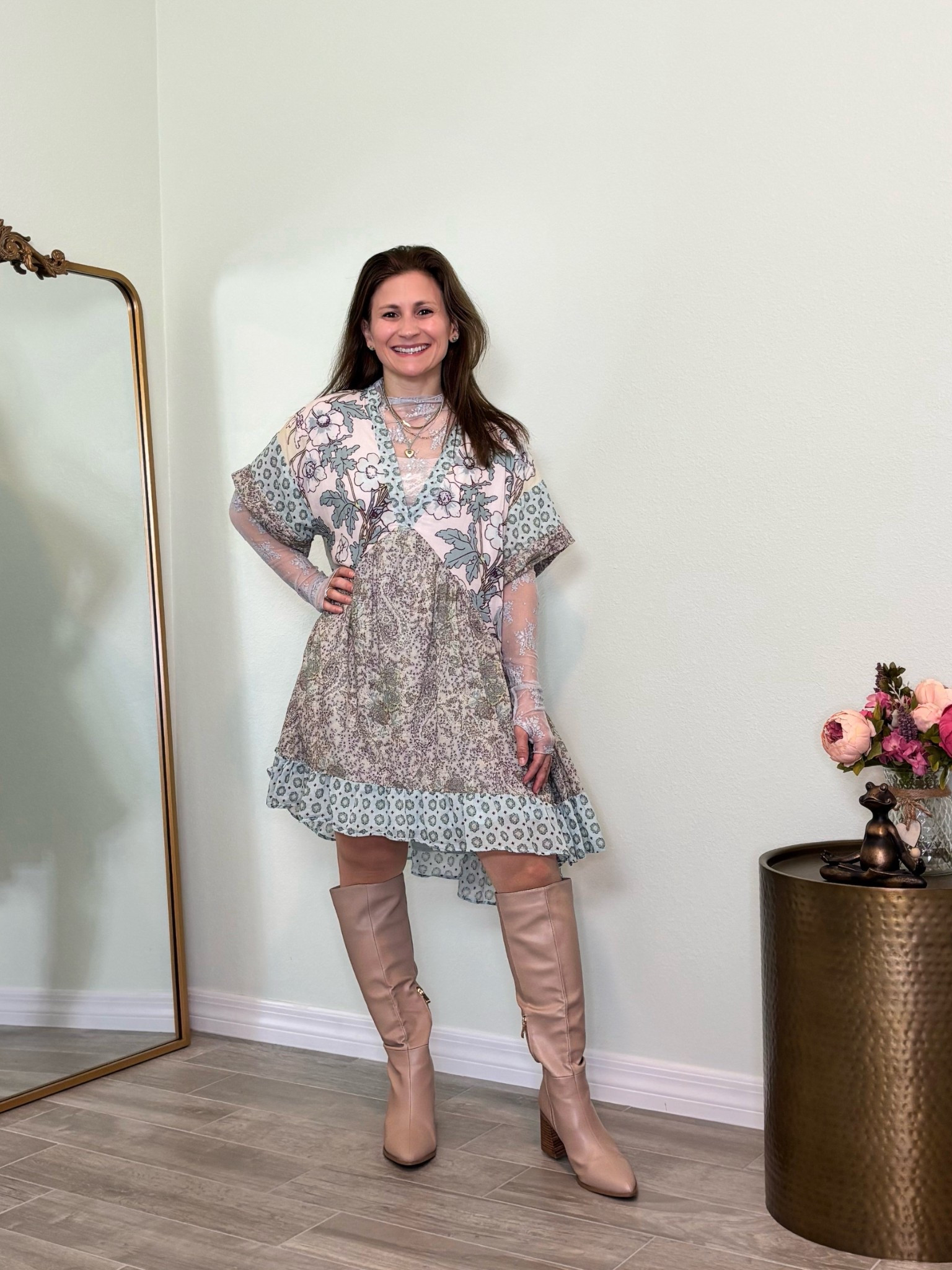 Boho style layers; lace long sleeve floral top; spring colors patch work mini dress

#LTKgrwm #LTKPetite #LTKootd