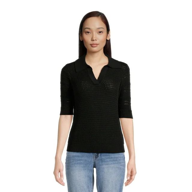 Time and Tru Women's Midweight Polo Sweater with Elbow Length Sleeves - Walmart.com | Walmart (US)