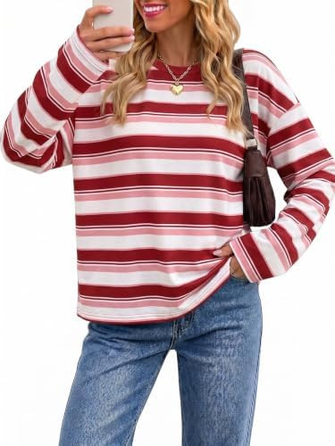 Tankaneo Womens Oversized Striped Long Sleeve T-Shirts Crewneck Casual Tops | Amazon (US)