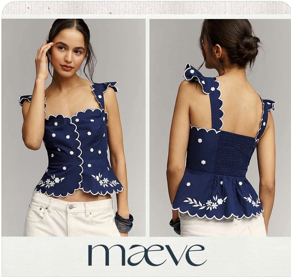 Maeve Ruffle-Strap Scallop Tea Towel Peplum Top
    
